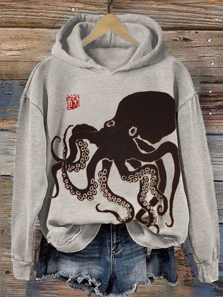 Octopus Japanese Lino Art Cozy Hoodie-Datalatt