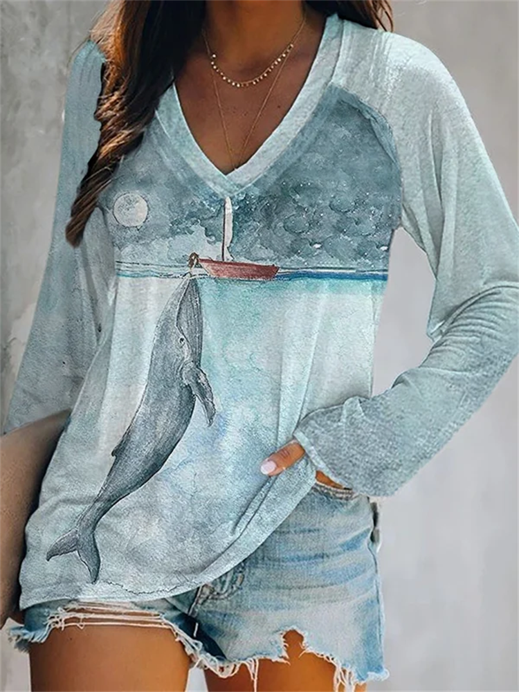 Women's Humpback Whale Printed Casual T-Shirt-Datalatt