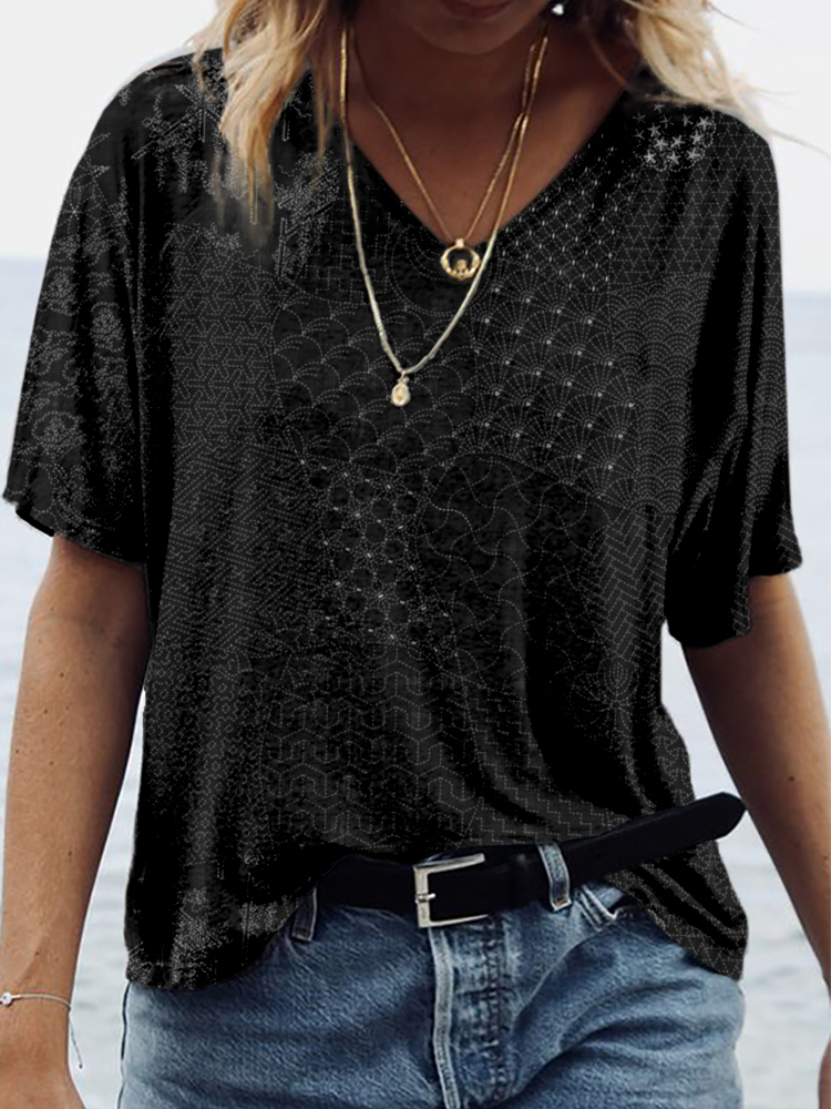 Japanese Traditional Sashiko Art V Neck Comfy T Shirt-Datalatt