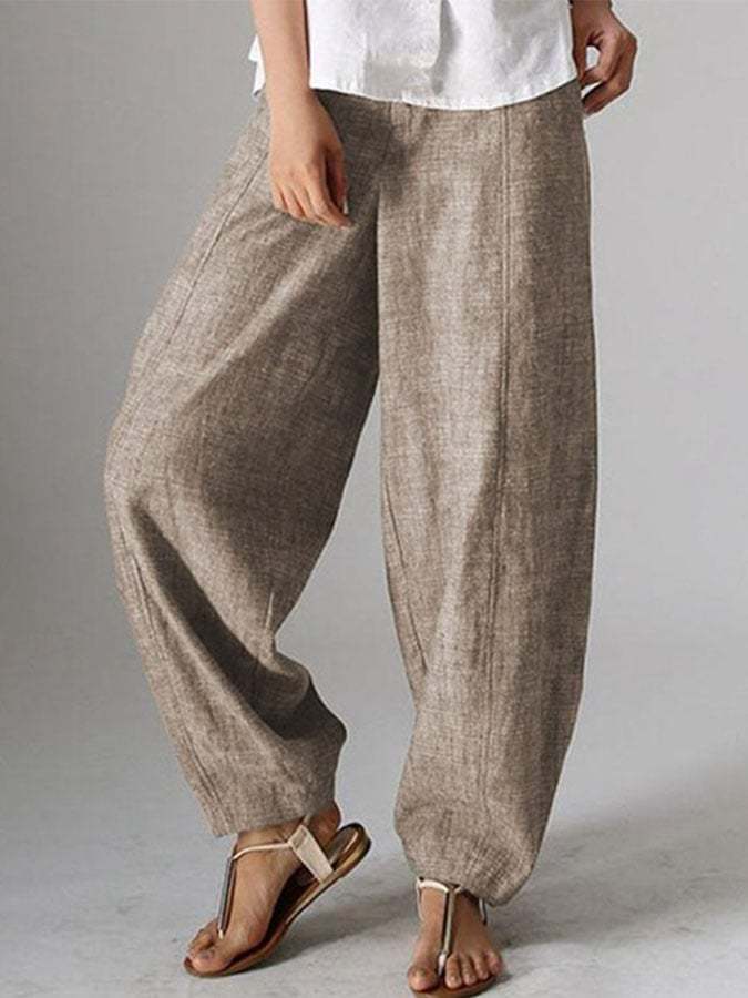 Womens Casual Loose Elastic Waist Cotton Trouser Pants-Datalatt