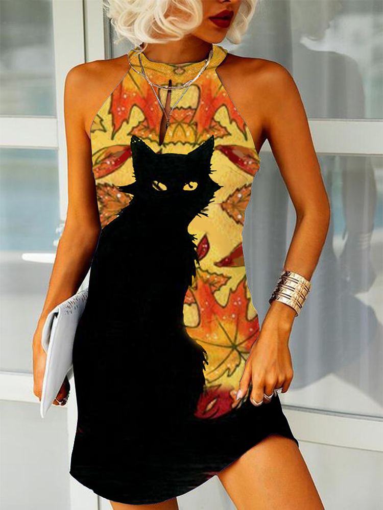 Animal Cat Autumn Maple Leaf Artistic Fit Mini Dress-Datalatt