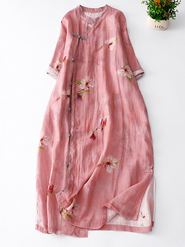 Vintage Japanese Art Floral Cotton Linen Maxi Dress-Datalatt