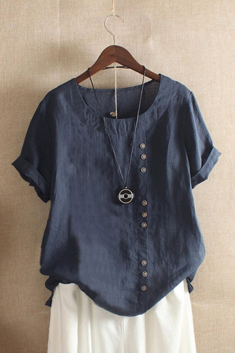 Round Neck Solid Color Buttons Short Sleeves T-shirt-Datalatt