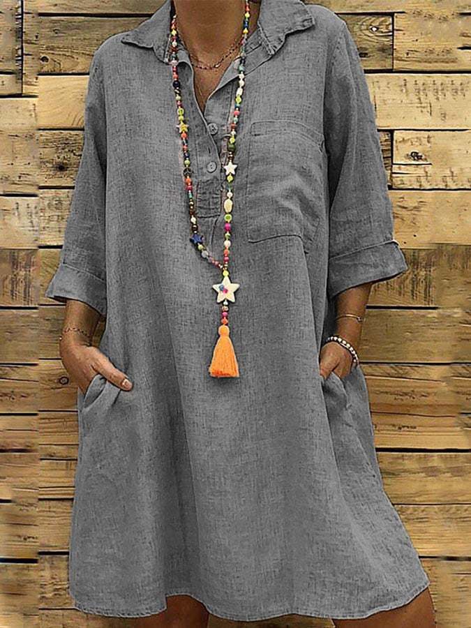 Ladies Plus Size 3/4 Sleeve Shirt Collar Casual Midi Dress