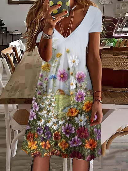 Floral Print V-Neck Short Sleeved Midi Dress-Datalatt