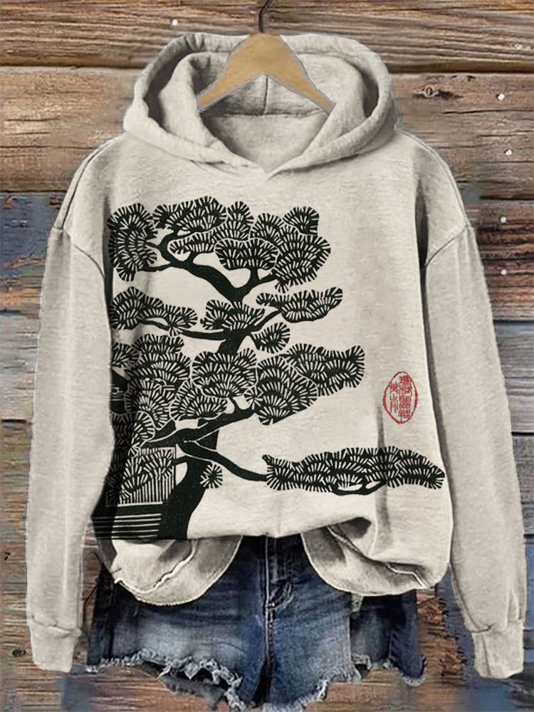 Pine Tree Japanese Lino Art Cozy Hoodie-Datalatt