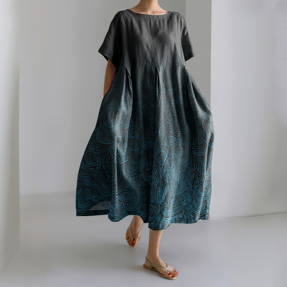 Vintage Waves Print Short Sleeve Linen Blend Maxi Dress-Datalatt