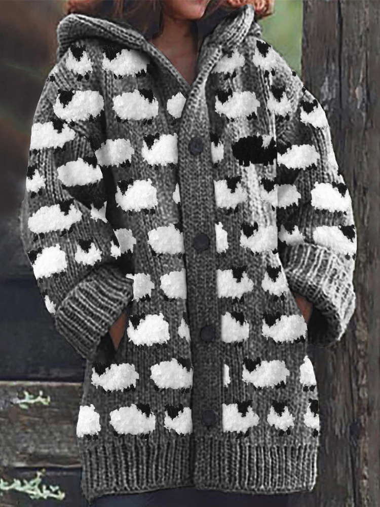 Vintage Sheep Fleece Pattern Cozy Knit Hooded Cardigan-Datalatt