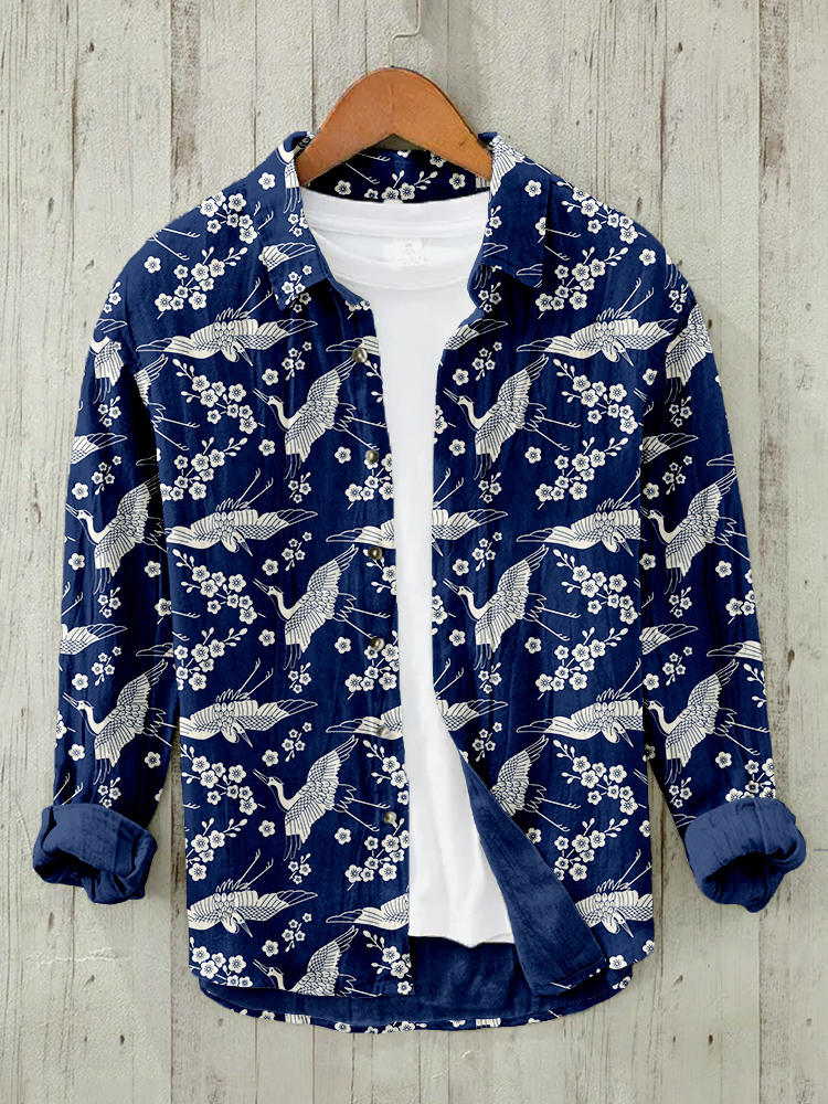 Japanese Cranes & Cherry Blossom Art Linen Blend Blouse-Datalatt