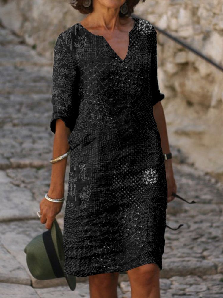 Japanese Traditional Sashiko Art Notch Neck Midi Dress-Datalatt