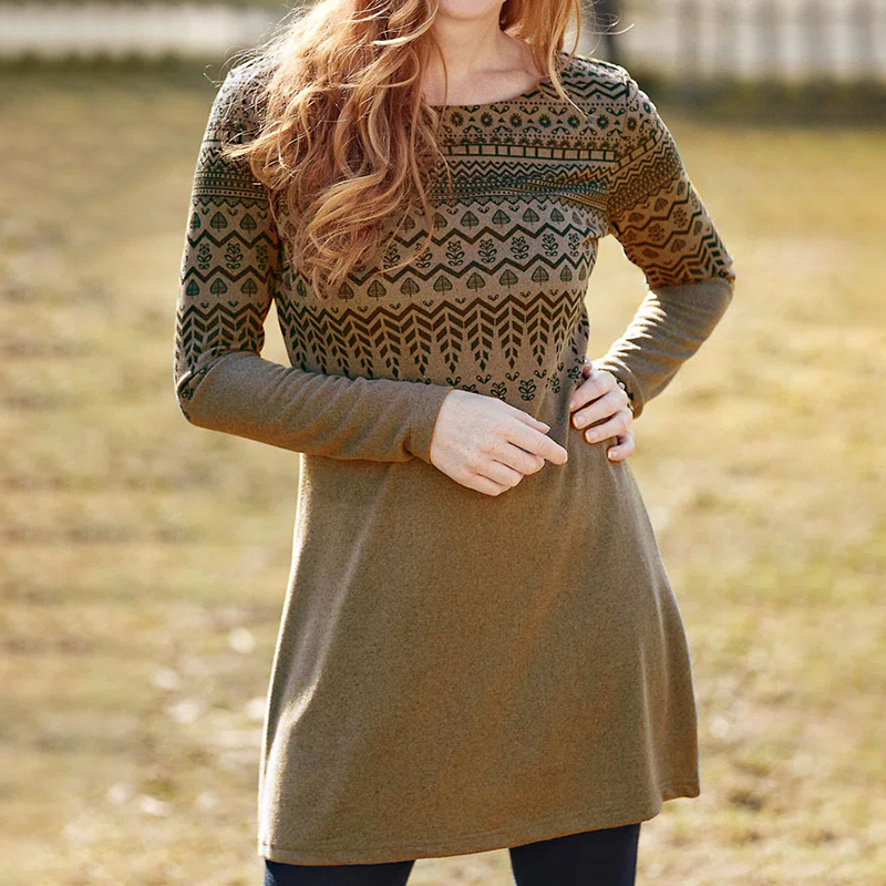 Casual Loose Crew Neck Ethnic Print Mini Dress-Datalatt