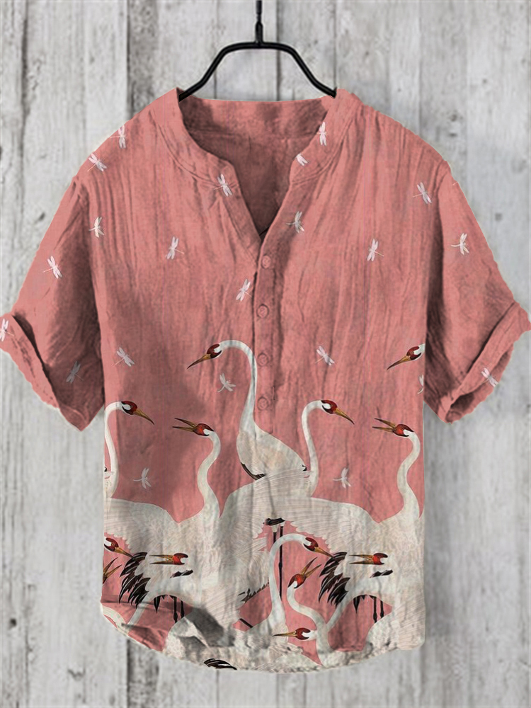 Men's Vintage Japanese Crane V Neck Casual Linen Blend Shirt-Datalatt