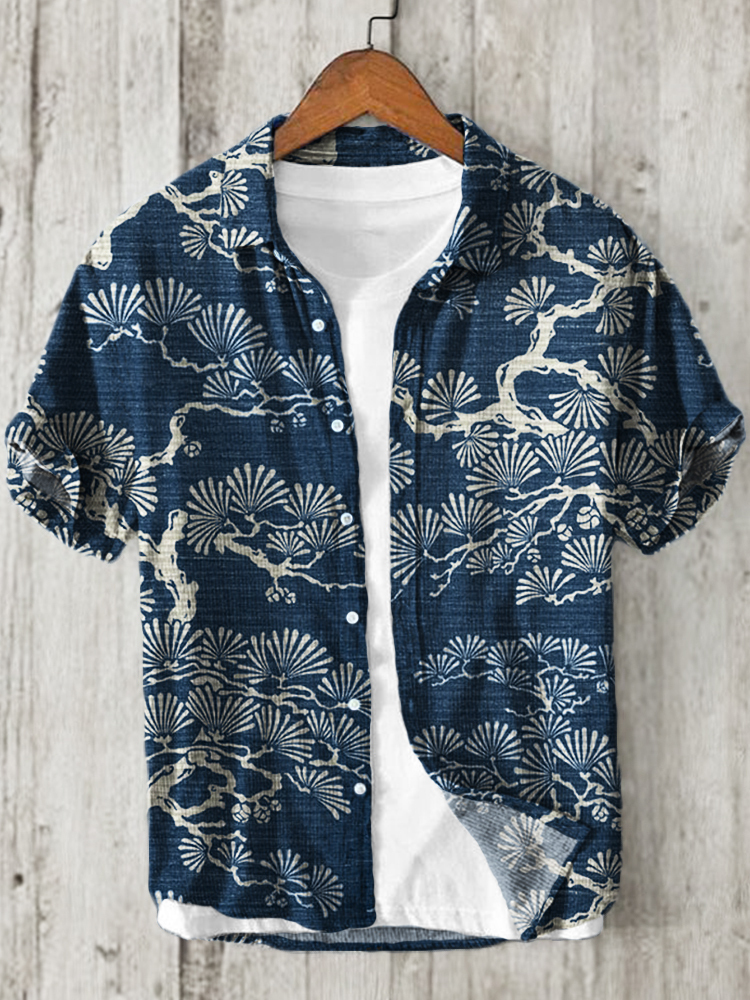 Pine Trees Japanese Lino Art Pattern Linen Blend Shirt-Datalatt