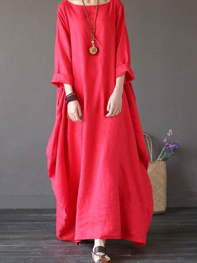 Women's Cotton Linen Solid Colour Loose Plus Size Midi Dress