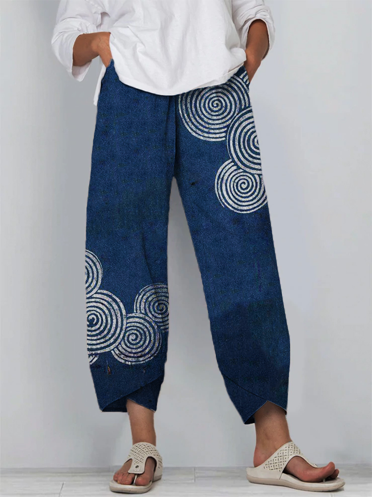 Sea Waves Ripples Japanese Lino Art Linen Blend Cropped Pants-Datalatt