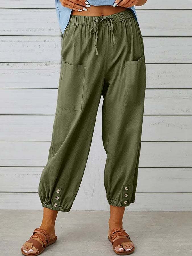 Solid Color Casual With Pocket Buttons Cotton Linen Trousers-Datalatt