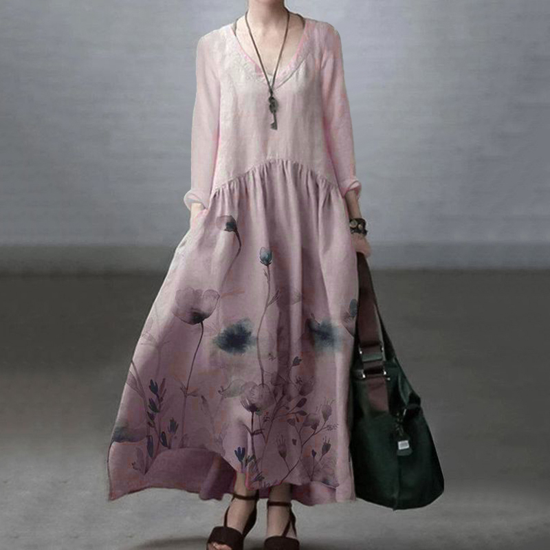 Japanese Art Floral Printed Long Sleeve V-neck Midi Dress-Datalatt