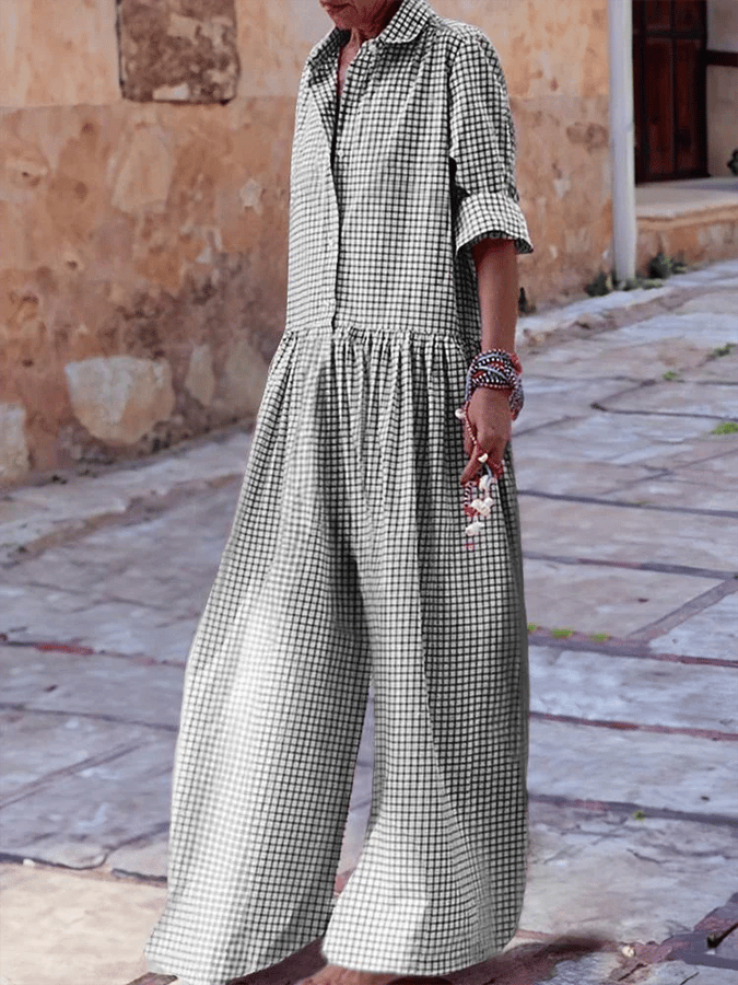 Women's Vintage Classic Plaid Long Sleeve Pocket Shirt Jumpsuit-Datalatt