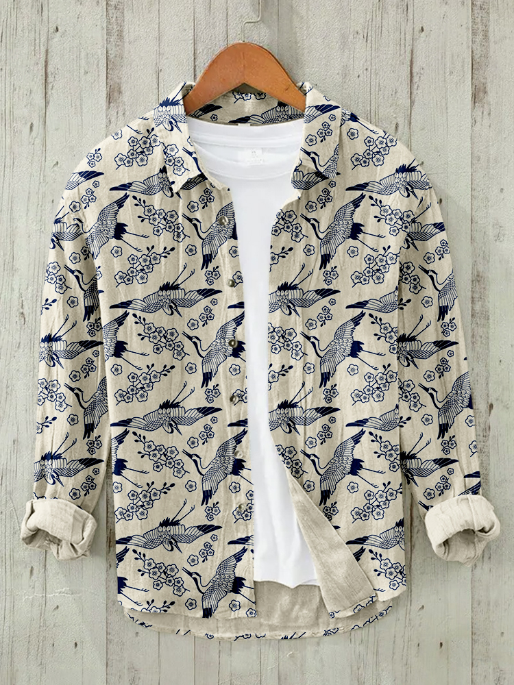Japanese Cranes & Cherry Blossom Art Linen Blend Blouse-Datalatt