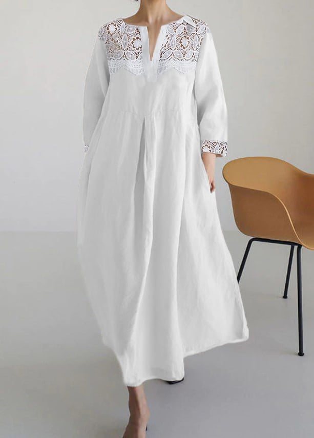 Ladies Cotton And Linen Lace Casual Loose Dress-Datalatt