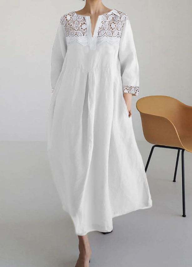 Ladies Cotton And Linen Lace Casual Loose Dress-Datalatt