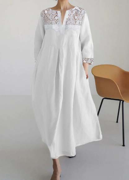 Ladies Cotton And Linen Lace Casual Loose Dress-Datalatt