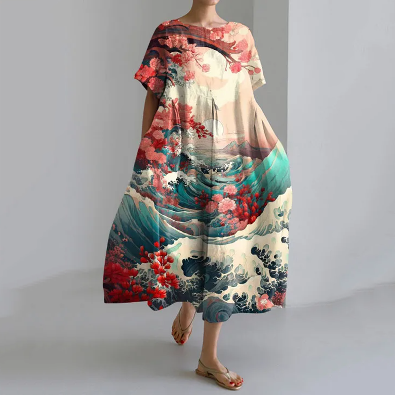 Wave Floral Japanese Art Loose Short Sleeved Midi Dress-Datalatt