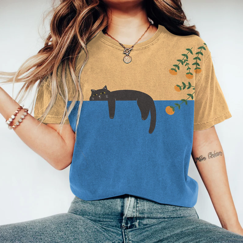 Abstract Creative Lazy Black Cat Painting Art T-Shirt-Datalatt