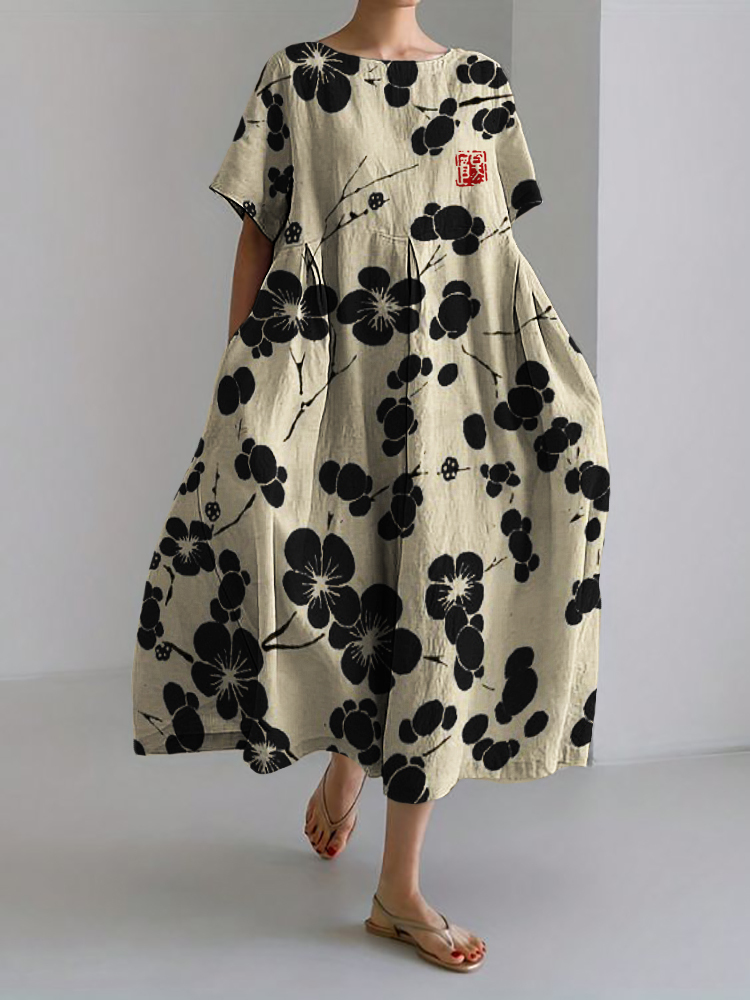 Cherry Blossom Japanese Lino Art Linen Blend Maxi Dress-Datalatt