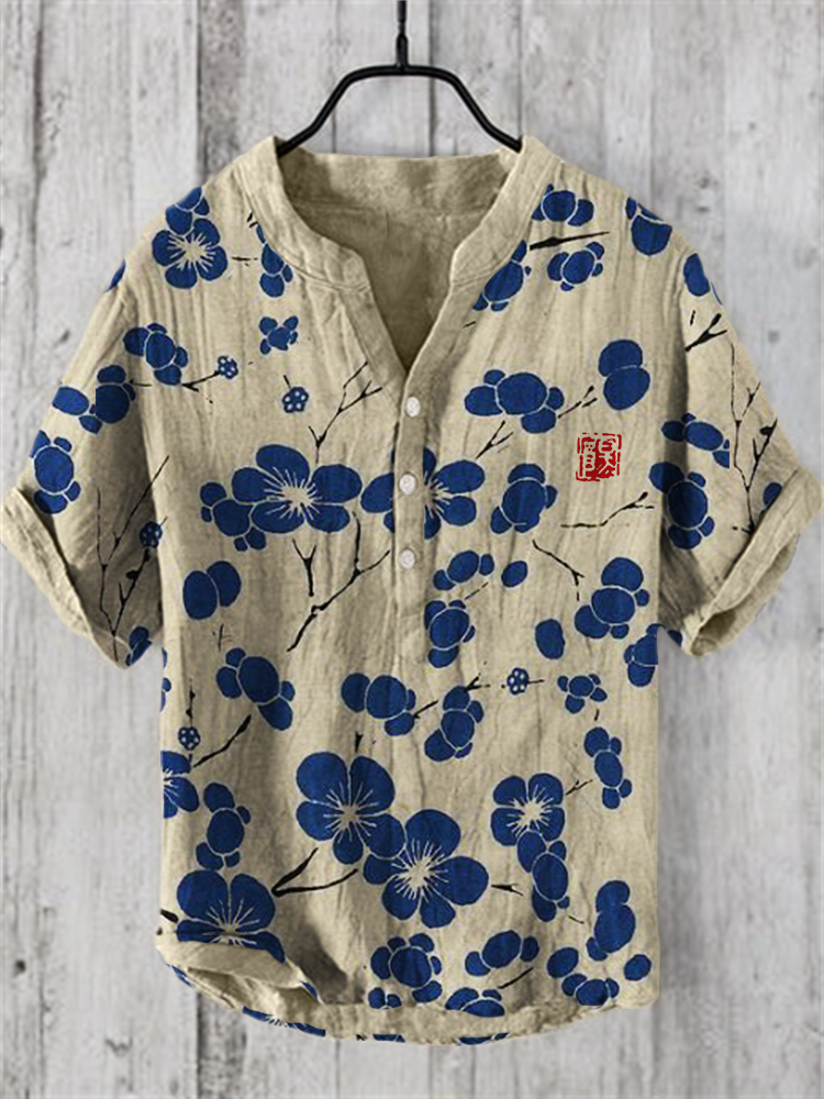 Cherry Blossom Japanese Lino Art Linen Blend Shirt-Datalatt