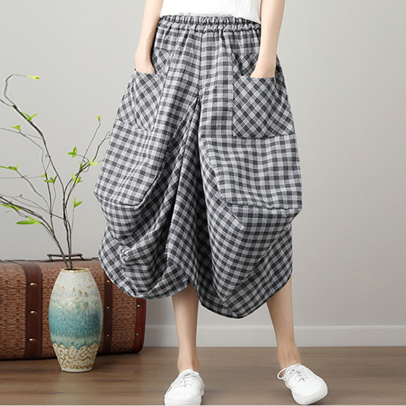 Vintage Cotton Linen Loose Plaid Lantern Skirt-Datalatt