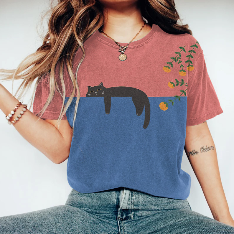 Abstract Creative Lazy Black Cat Painting Art T-Shirt-Datalatt