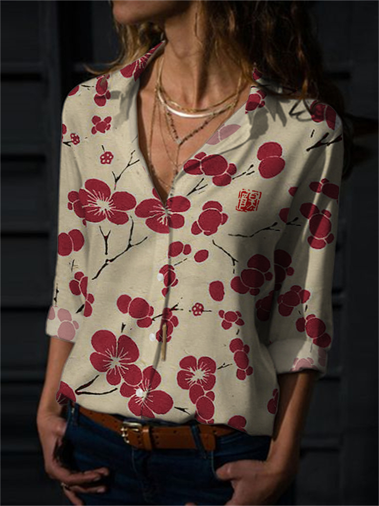 Cherry Blossom Japanese Lino Art Flowy Blouse-Datalatt