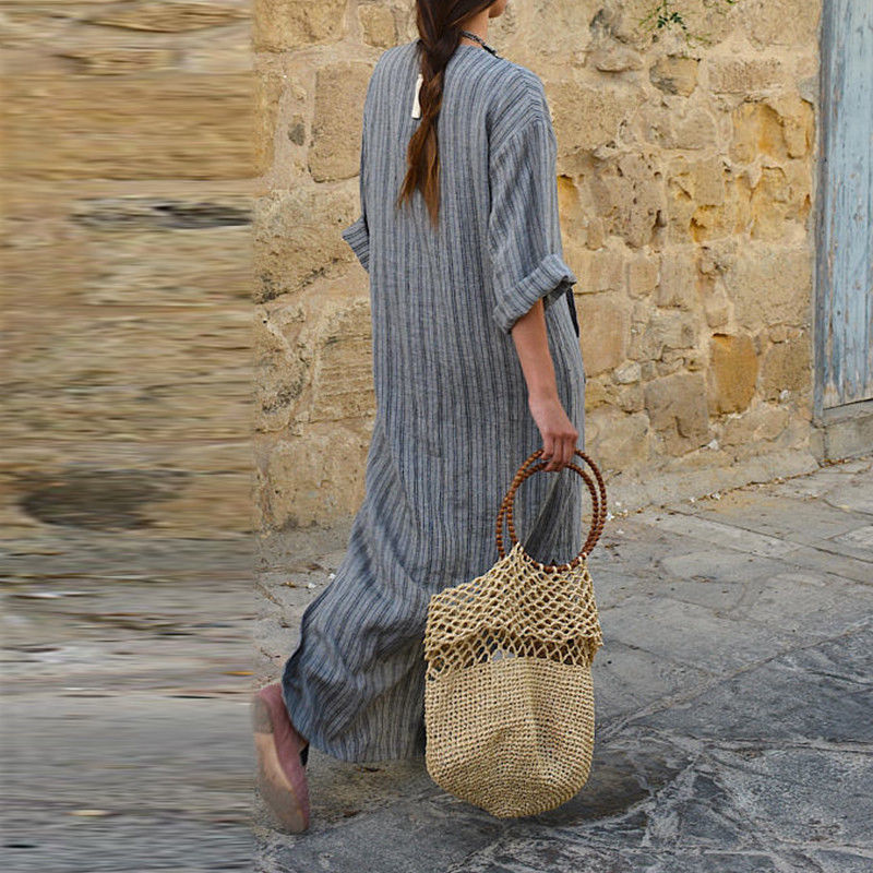Vintage Stripes V Neck Casual Maxi Dress-Datalatt