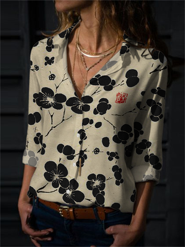 Cherry Blossom Japanese Lino Art Flowy Blouse-Datalatt
