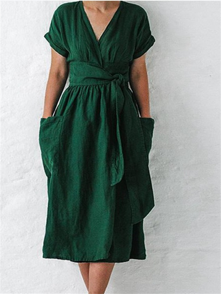 Patch Pockets Wrap Midi Dress-Datalatt