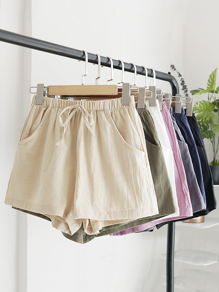 Women's Elastic Waist Pocket Linen Casual Short Pants-Datalatt