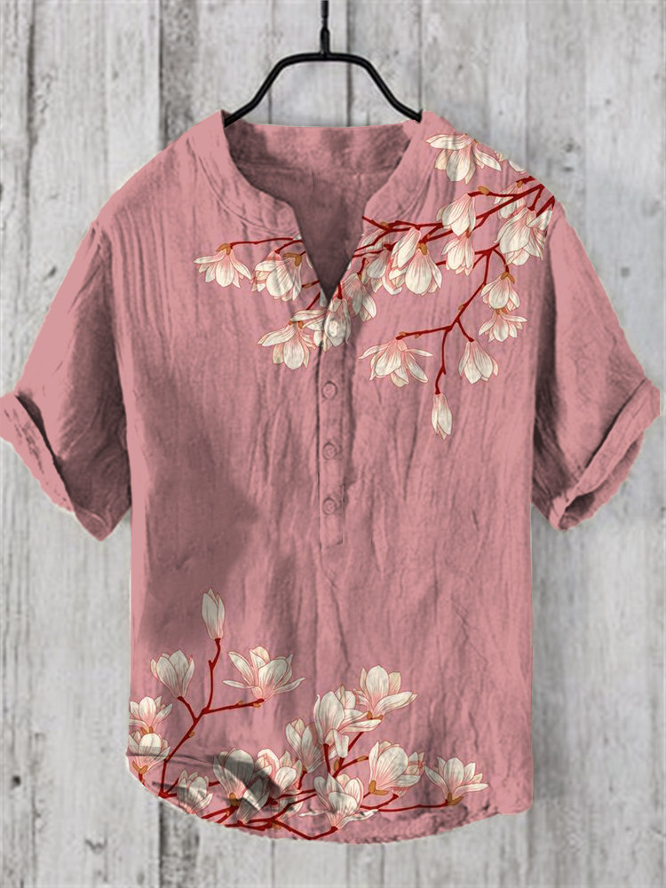 Men's Vintage Japanese Art Magnolia Flower V Neck Casual Linen Blend Shirt-Datalatt