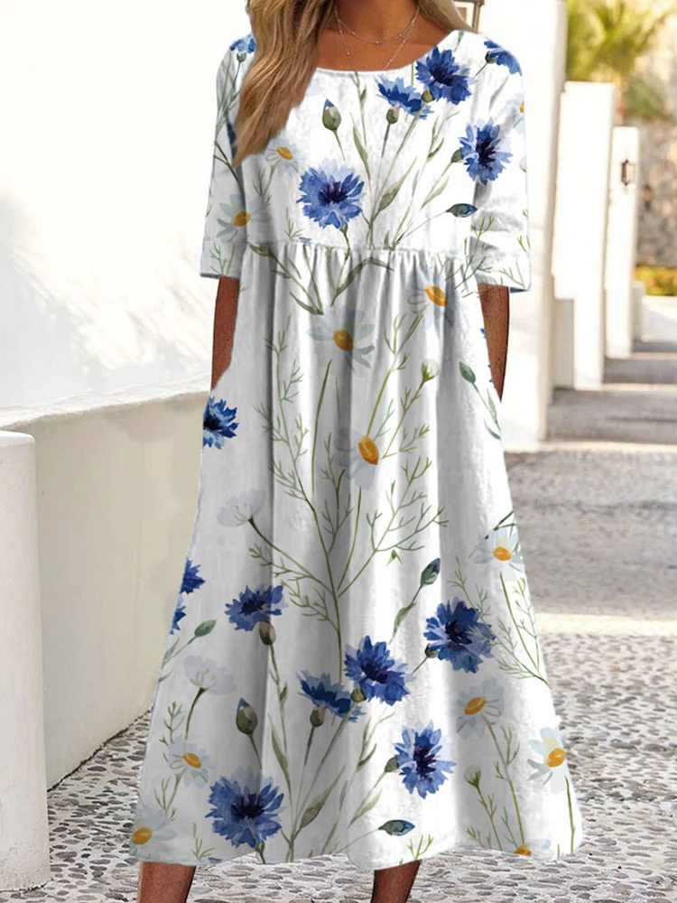 Elegant Flowers Art Short Sleeve Midi Dress-Datalatt