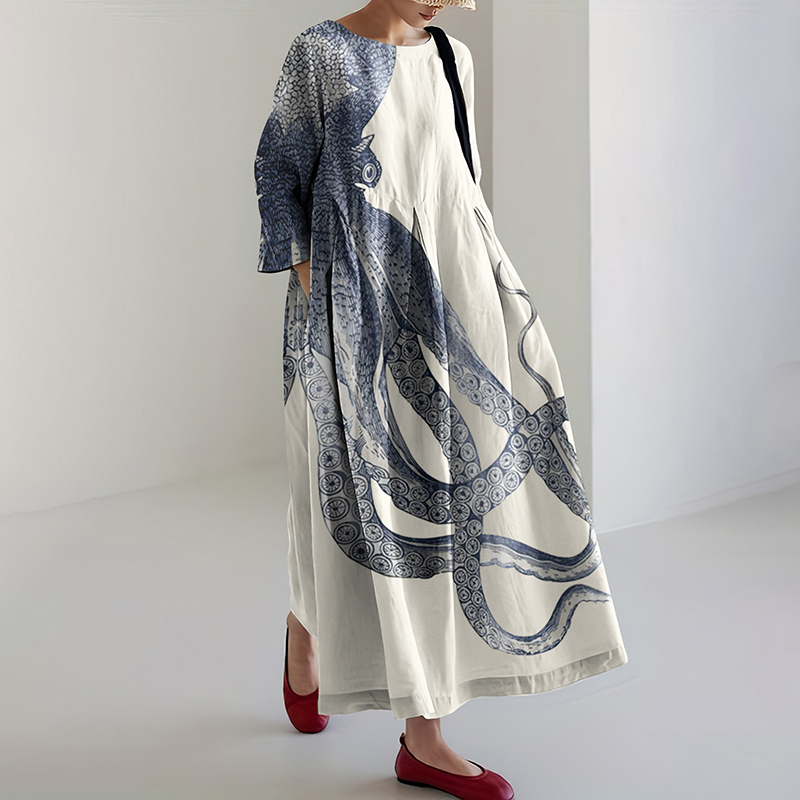 Japanese Art Octopus Print Casual Art Linen Blend Long Sleeve Maxi Dress-Datalatt