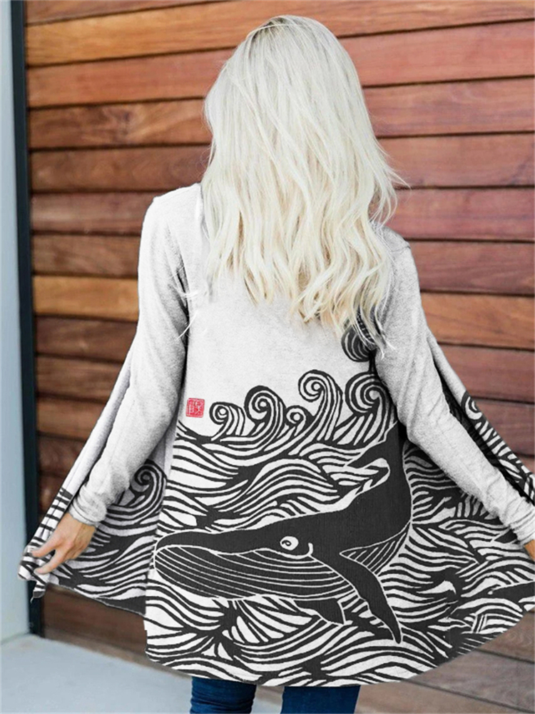 Whale & Waves Japanese Lino Art Cozy Cardigan-Datalatt