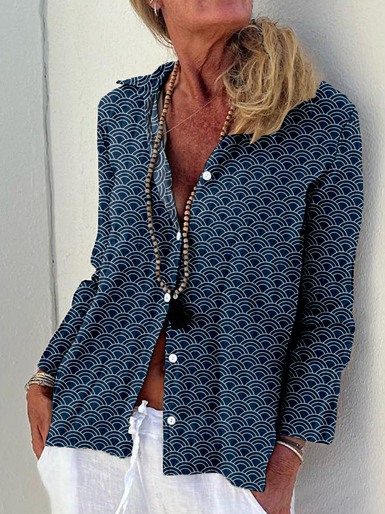 Traditional Ocean Waves Pattern Linen Blend Blouse-Datalatt