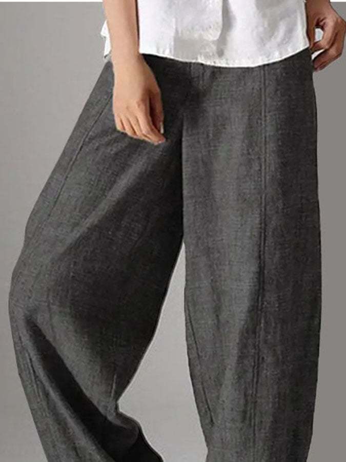 Womens Casual Loose Elastic Waist Cotton Trouser Pants-Datalatt