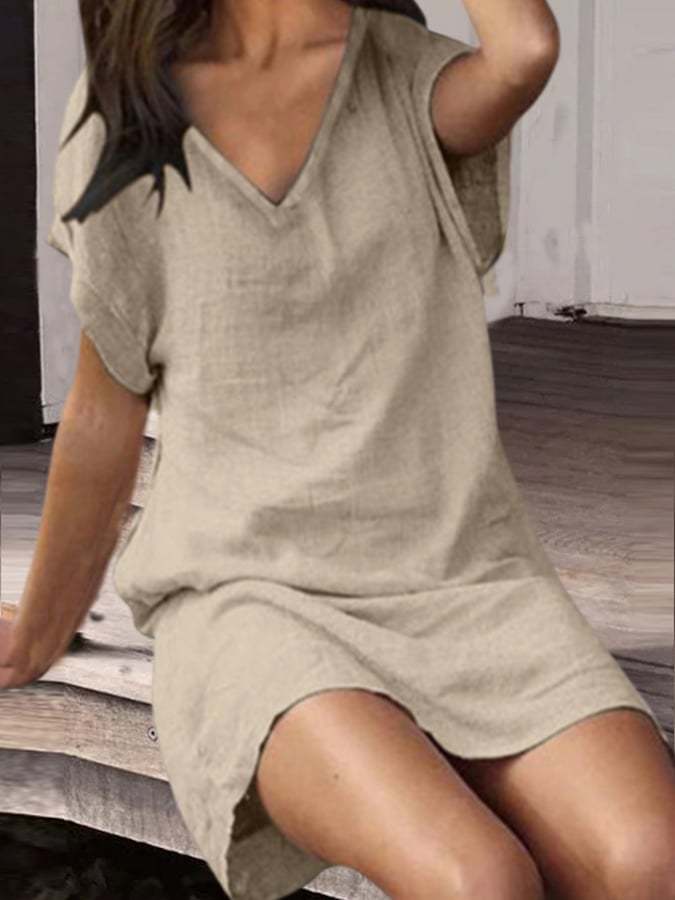 Women's V-Neck Solid Color Cotton Linen Midi Dress-Datalatt