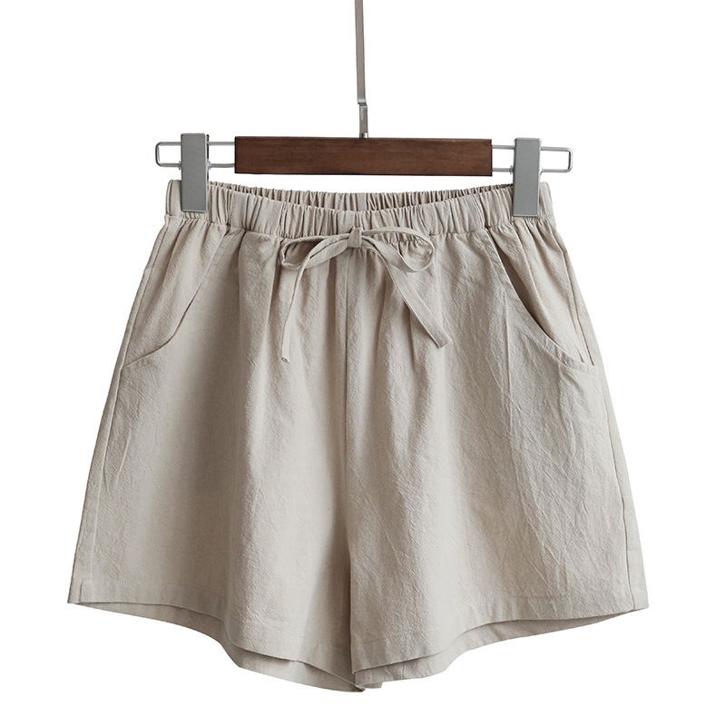 Women's Elastic Waist Pocket Linen Casual Short Pants-Datalatt