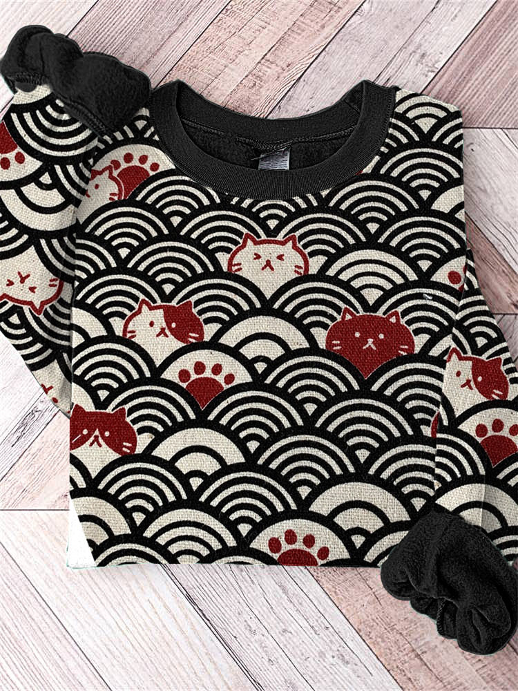 Japanese Art Wave and Cat Print Vintage Sweatshirt-Datalatt