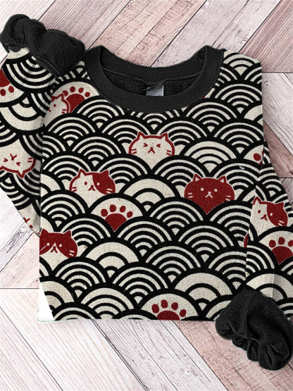 Japanese Art Wave and Cat Print Vintage Sweatshirt-Datalatt