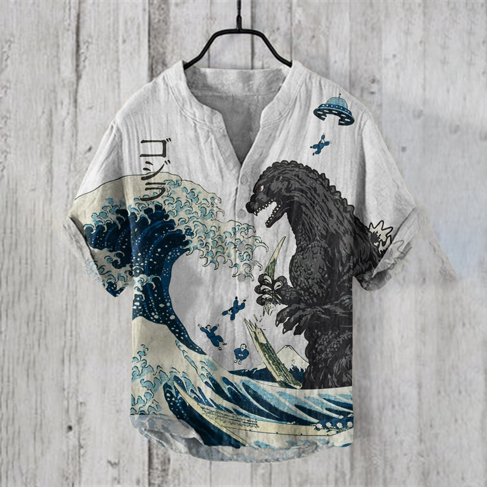 The Great Waves And Godzilla Japanese Art Print Henry Collar Shirt-Datalatt
