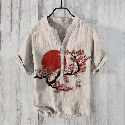 Men's Sunrise Japanese Art Linen Blend Casual Shirt-Datalatt