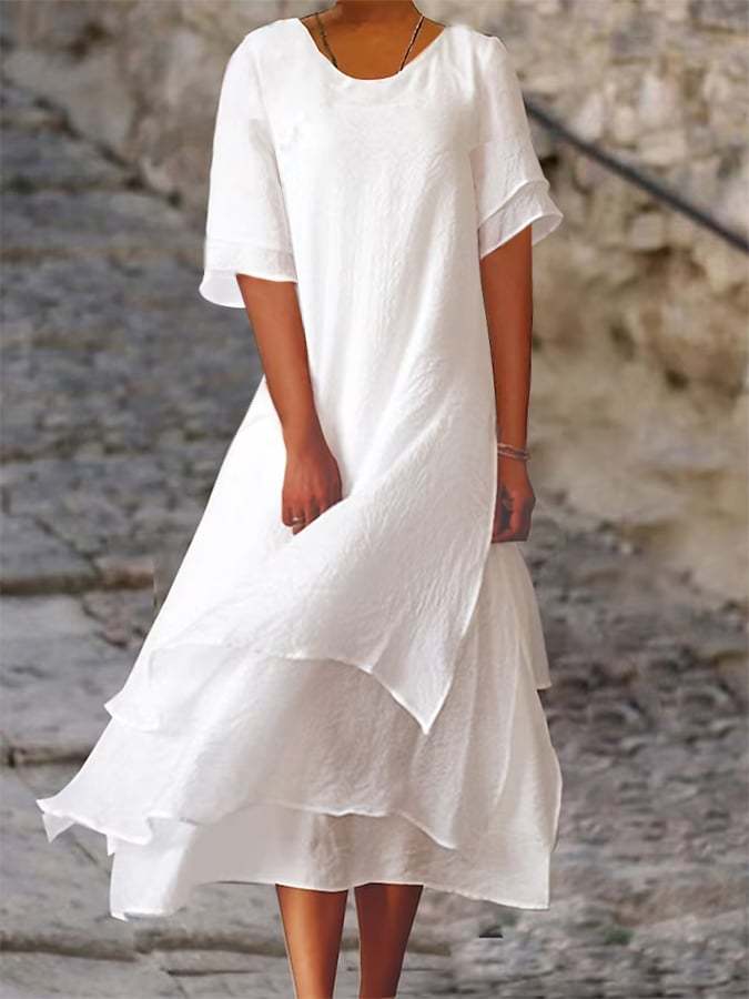 Women's Cotton Double-Layer Color-Block Slit Short-Sleeved Round Neck Dress-Datalatt